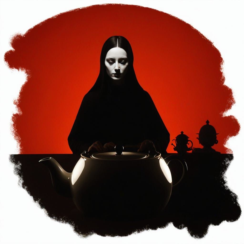 Giant Porcelain Humanoid Teapot with Dramatic Lighting