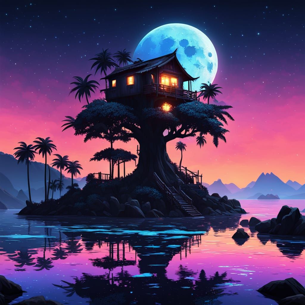 Mystical Treehouse Amidst a Neon Sunset