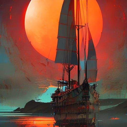 Sailing Ship Under a Massive Moon, Fine Art Oil Painting