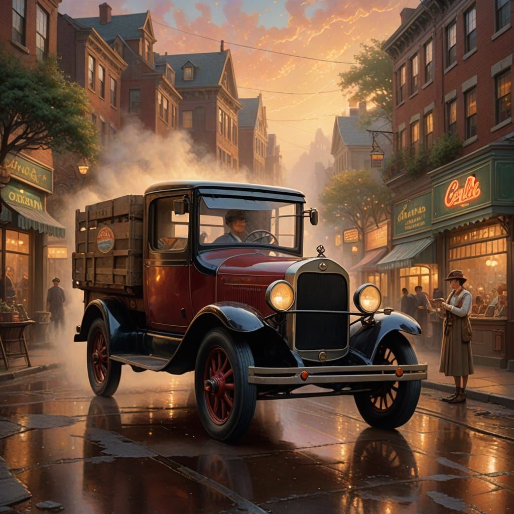 Vintage 1920s Cola Truck with Driver in Ethereal Mist