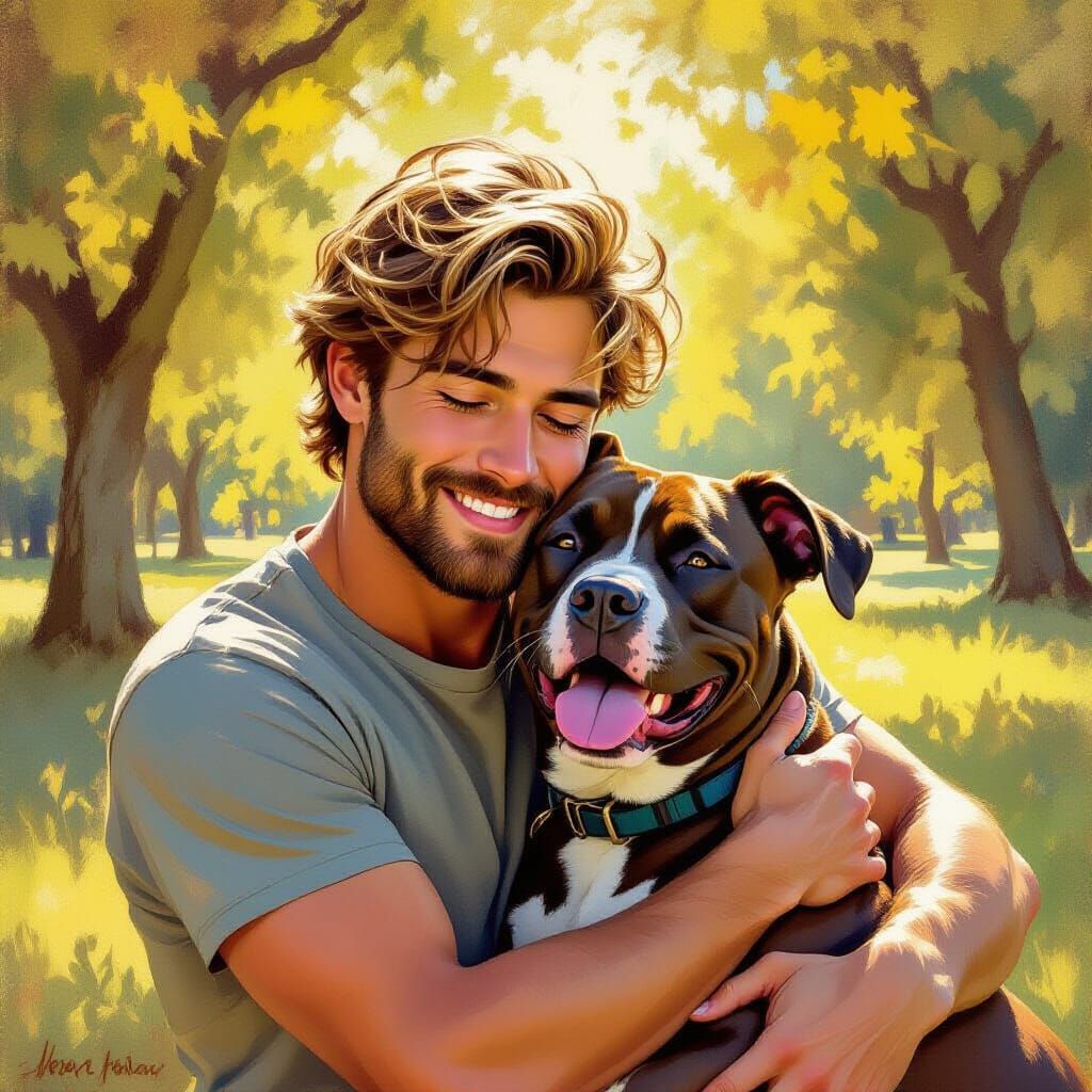 Man Embracing Pitbull in Sunlit Park Oil Painting