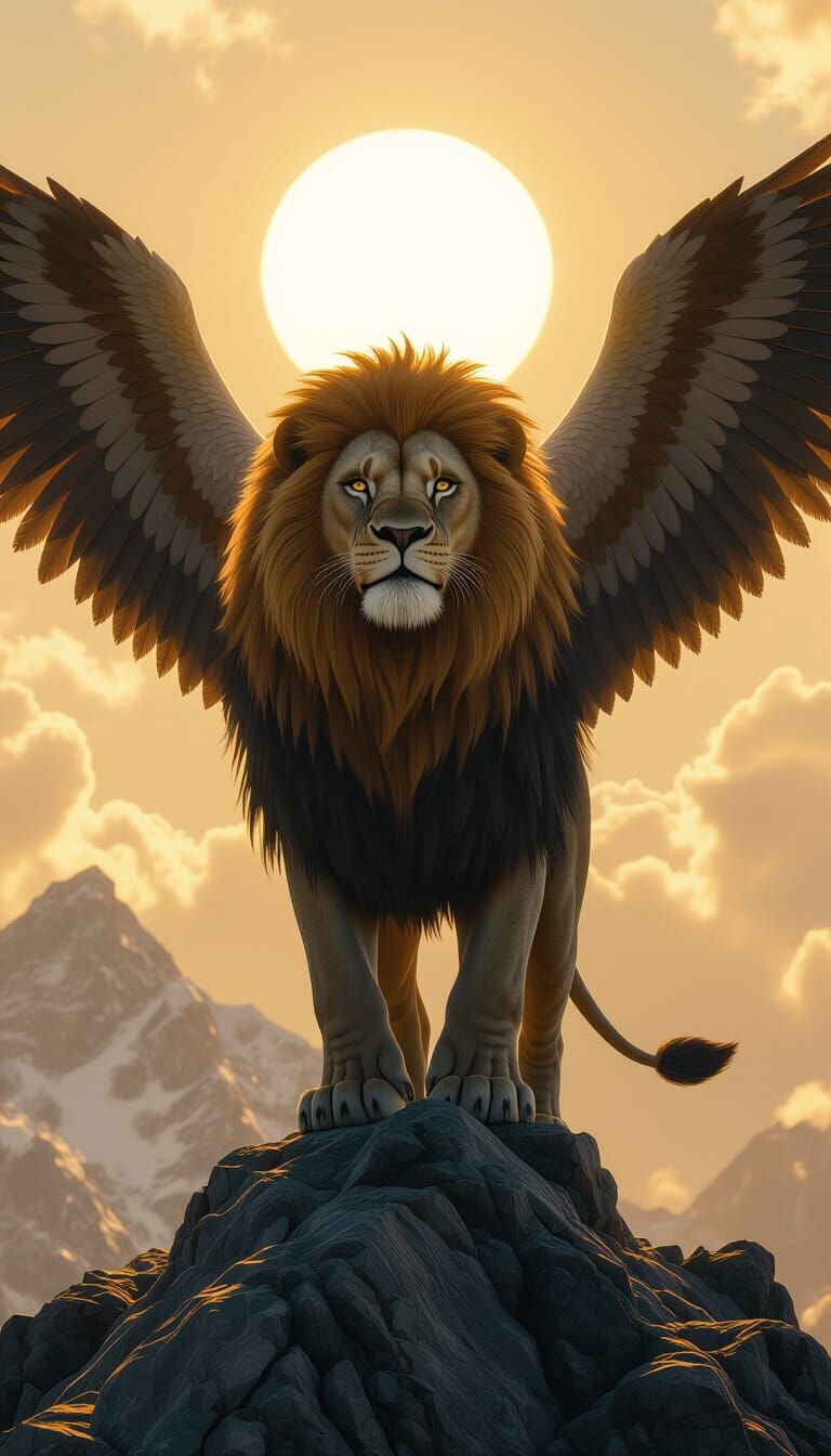 Majestic Lion-Elephant-Eagle Hybrid on Mountain Peak