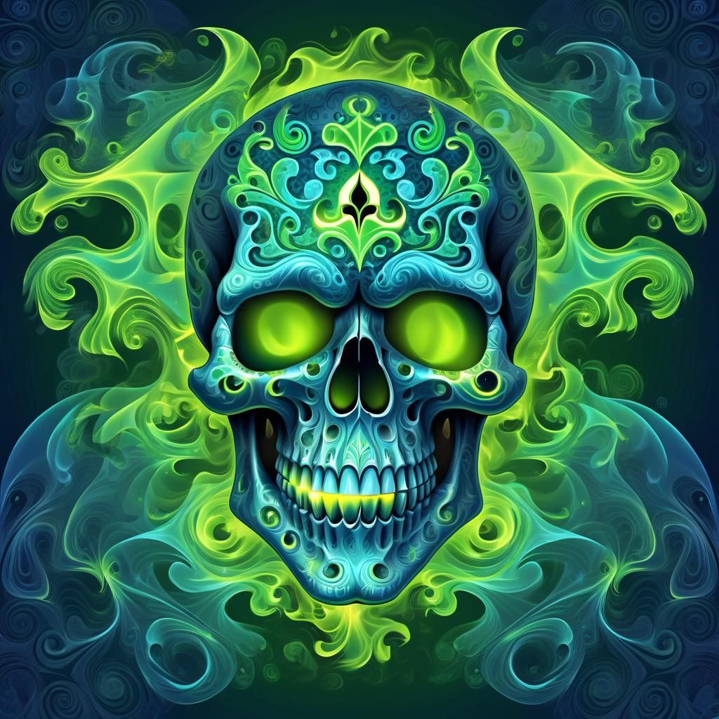 Flaming Blue Ghost Skull Pirate with Green Eyes