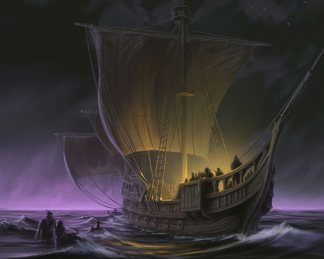 Dark Fantasy Galleon Sails into Starless Ocean