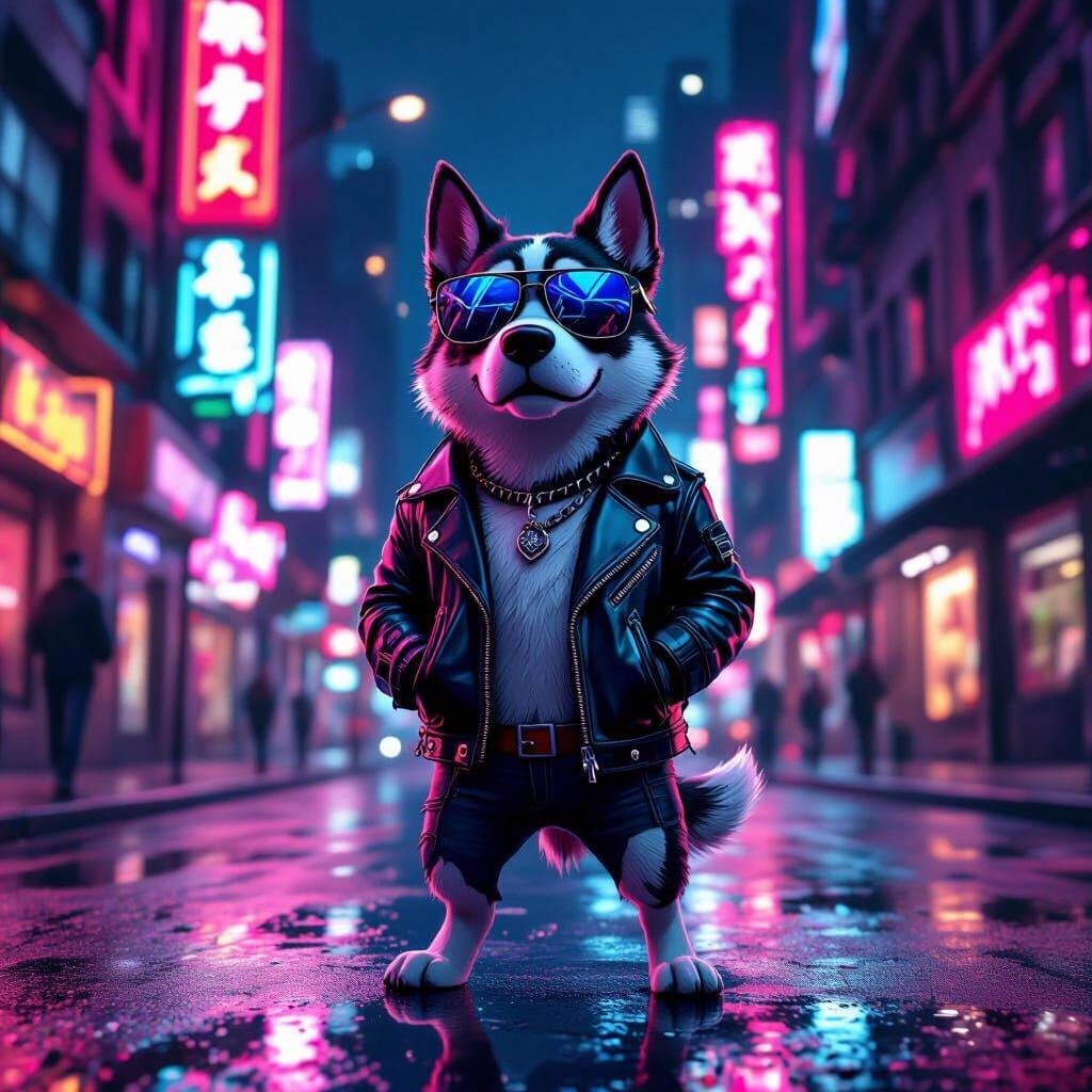 Anthropomorphic Dog in Neon City Night