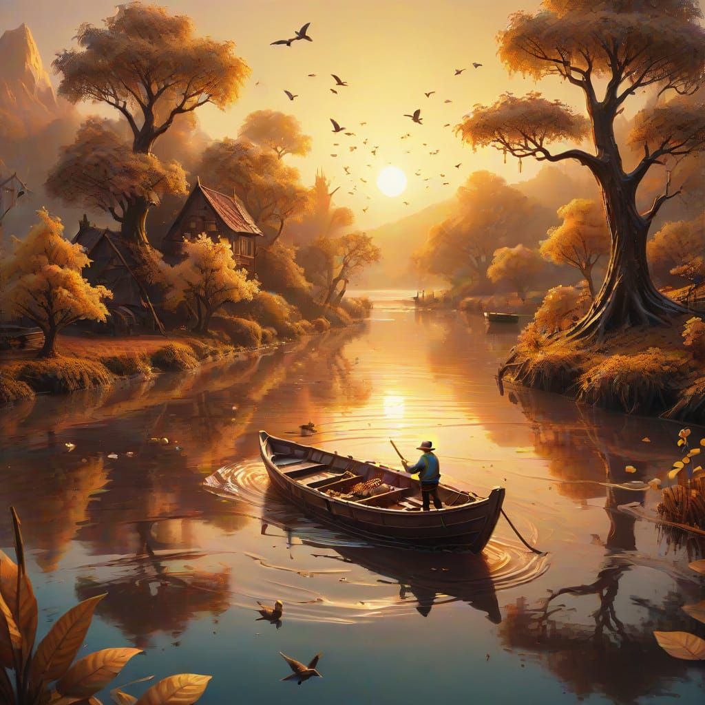Fantasy Chocolate Boat on River, Oil Painting