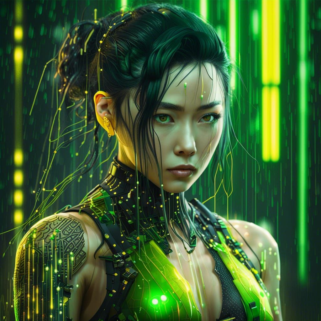 Cyberpunk Japanese Woman in Digital Rain