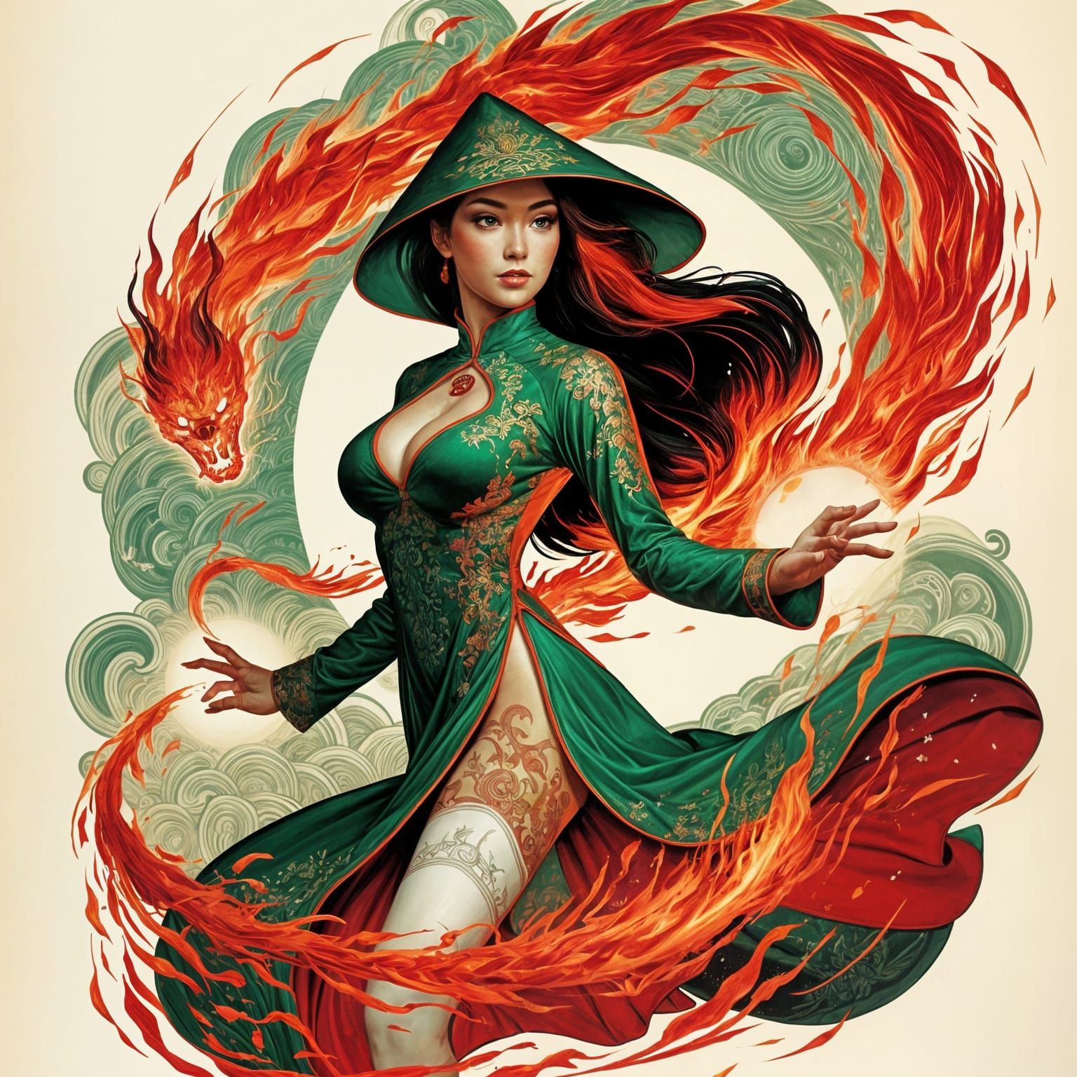 Vietnamese Pyromancer Radiating Fiery Power in Gothic Style