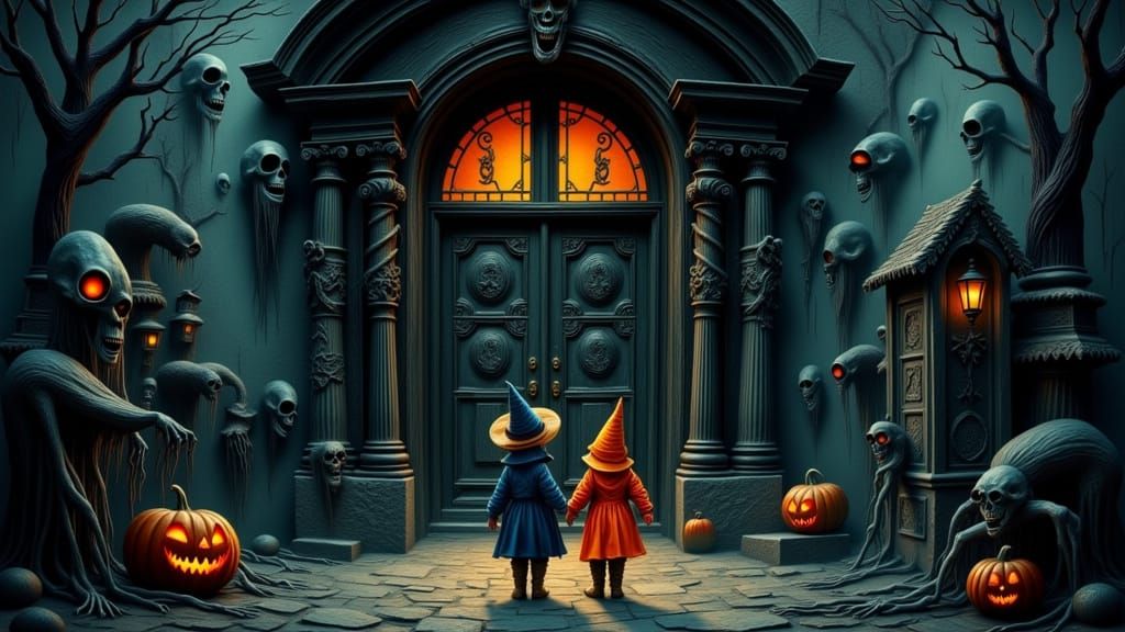 Halloween Trick-or-Treaters at Haunted Gothic Mansion