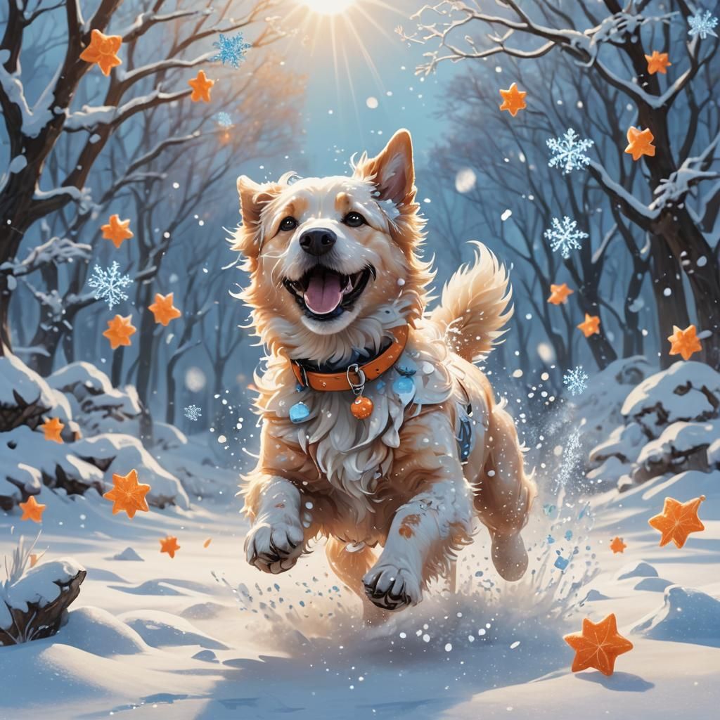 Enchanting Snowy Wonderland with a Joyful Canine