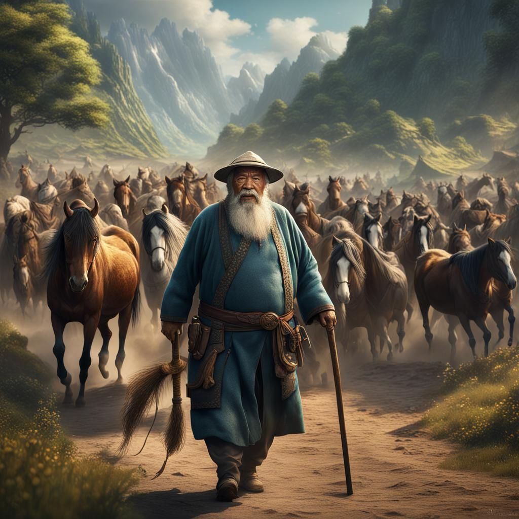 Old Asian Man Searching for Horses: Detailed Matte Painting