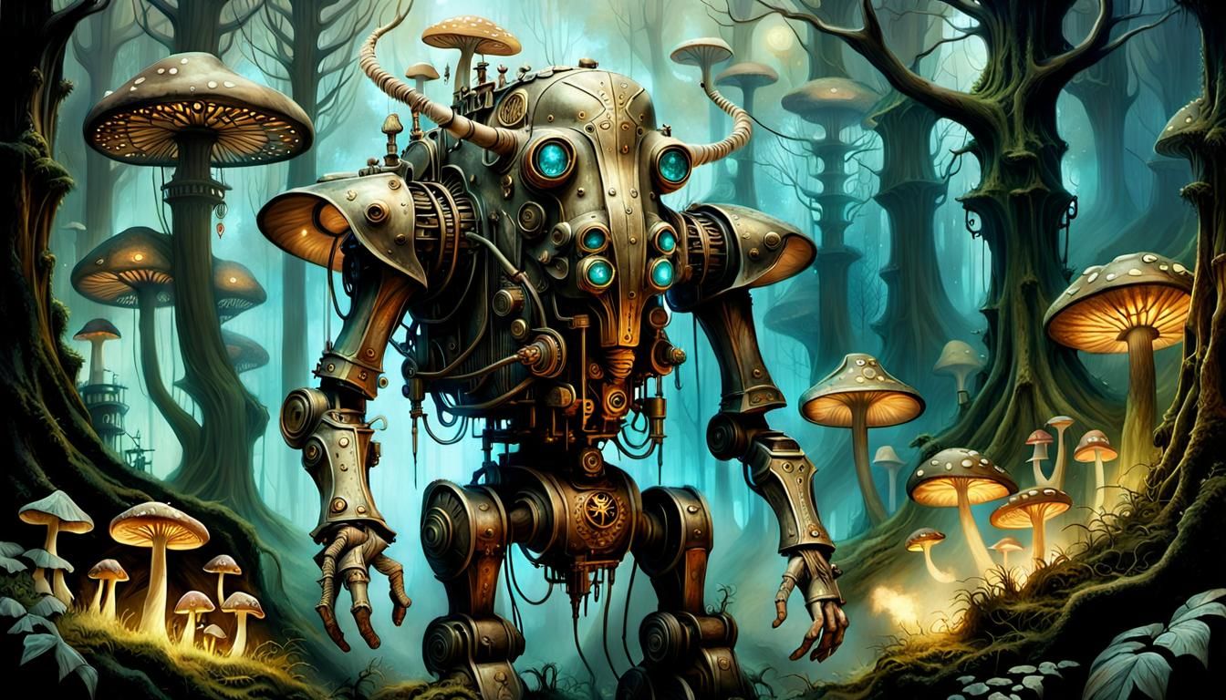 Steampunk Fantasy Art in Ancient Forest