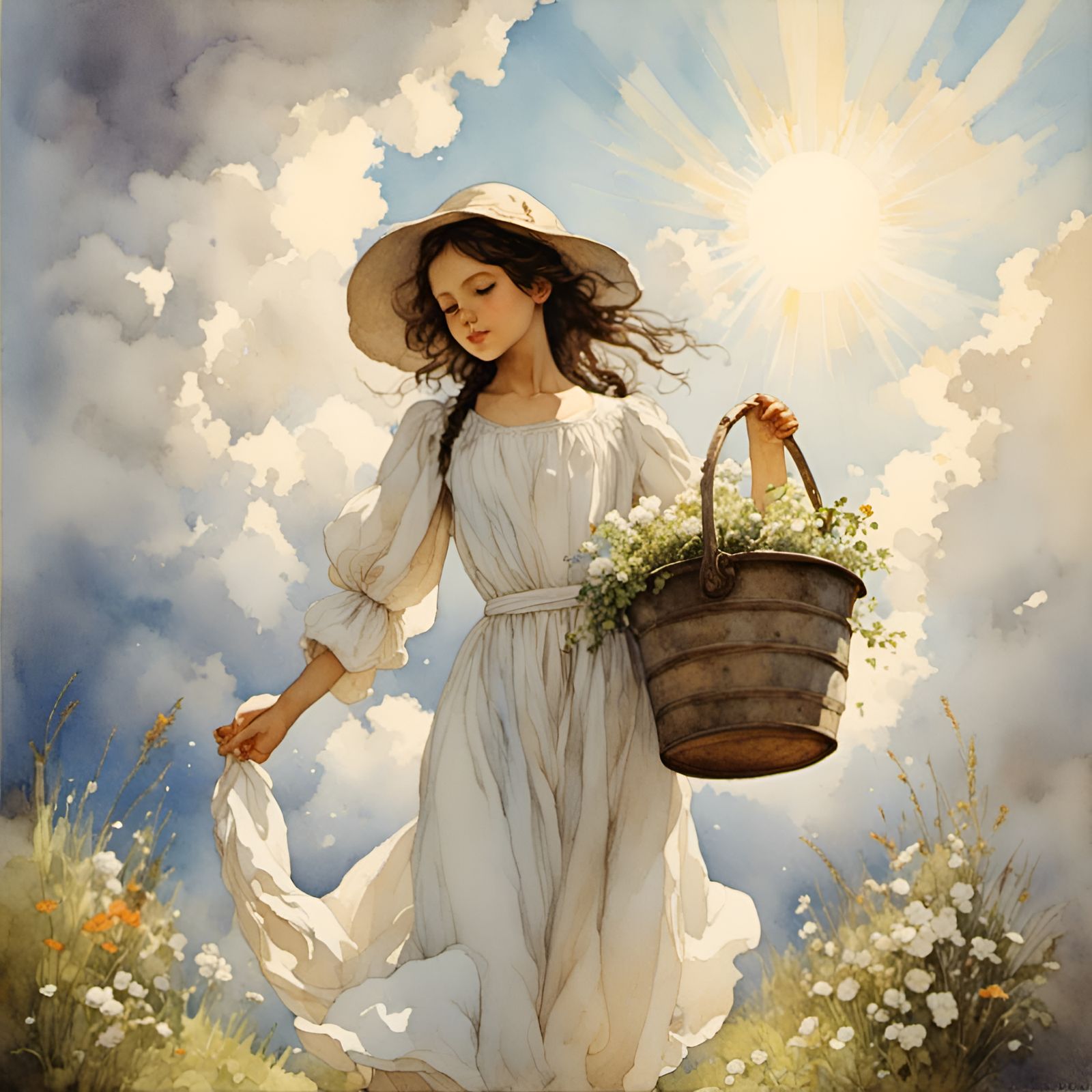 Peasant Girl with Bucket in Romantic Watercolor Style