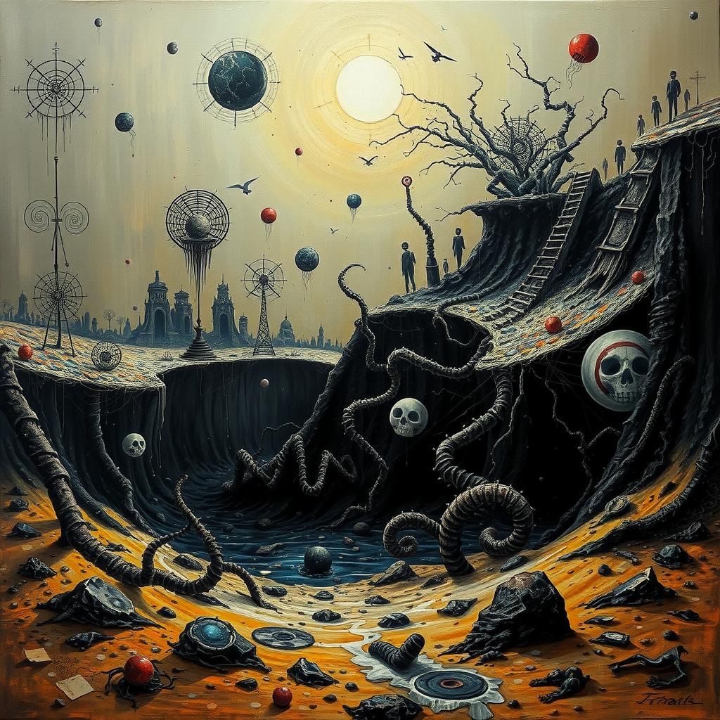 Dystopian Well Overflowing with Surreal Elements as Oil Pain...