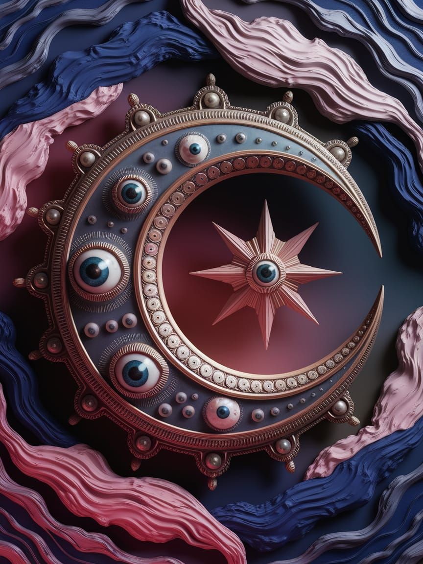 Crescent Moon Symbol with Eyes, Matte Painting