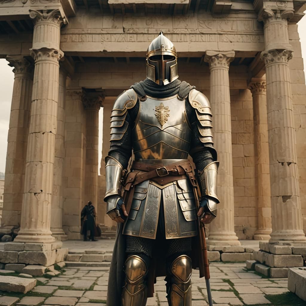 Medieval Knight Stands Before Ancient Parthenon in Cinematic...