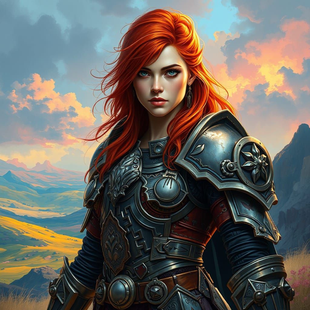 Redhead Warrior in Ornate Armor: Digital Splash Art