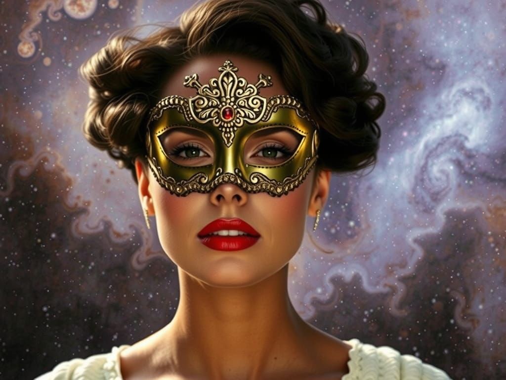 Golden Masked Woman Amidst Cosmic Nebula