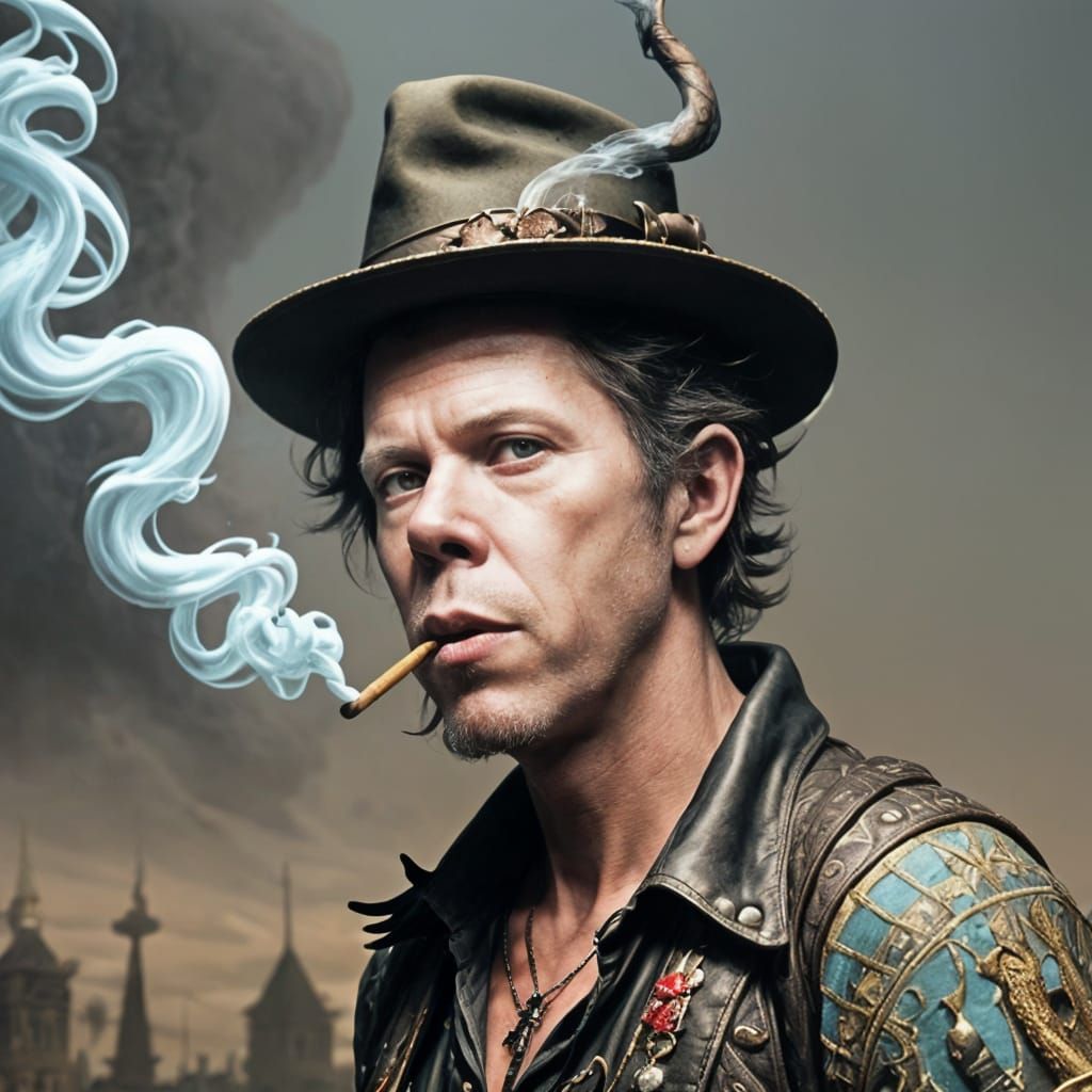 Tom Waits-Inspired Bard with Magical Smoke, Fantasy Art