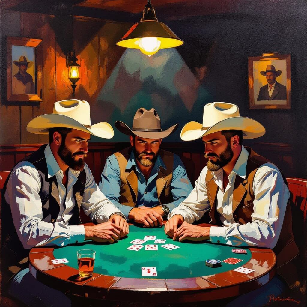 Cowboys Playing Poker in Gouache Impasto Style