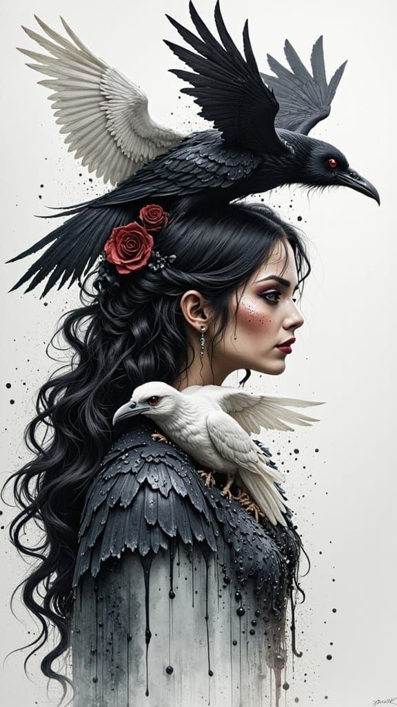 Goddess with Ravens: Charcoal Sketch in Matte Painting Style