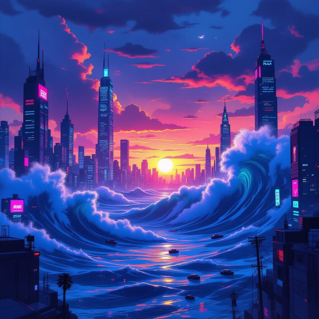 Cyberpunk Cityscape Overlooking Tsunami Wave at Sunset