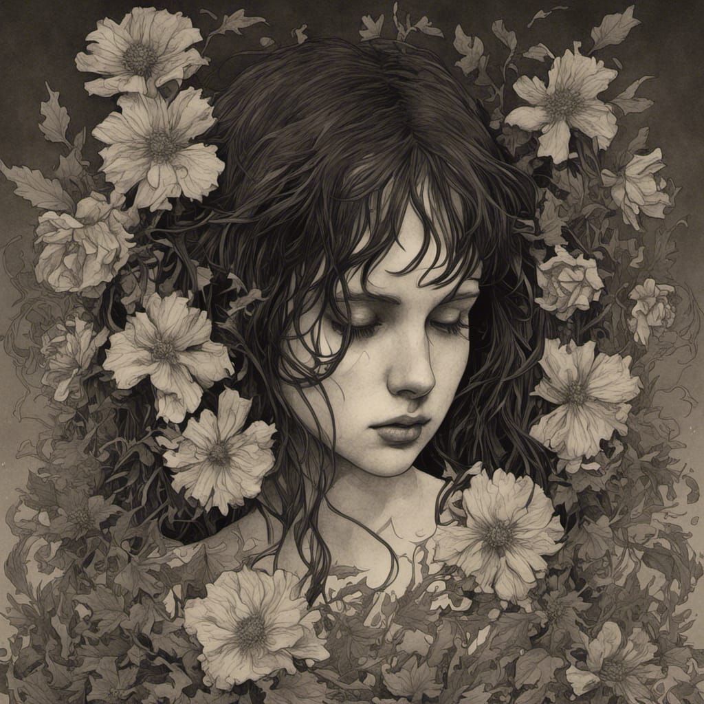 Eerie Floral Portrait in Engraving Style