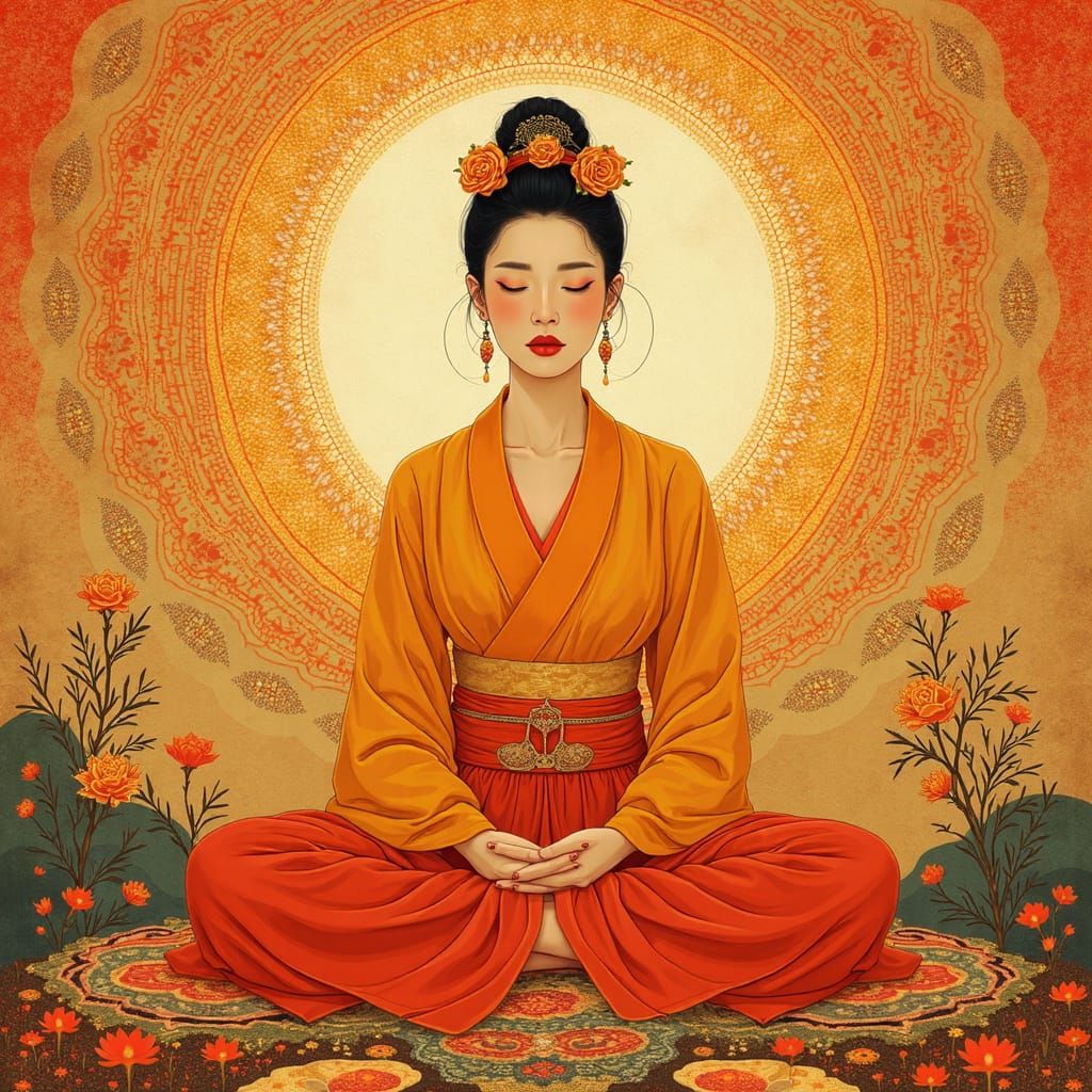 spirographing, in the style of feminine portraiture, dark orange and light gold, asian-inspired motifs, editorial illust...