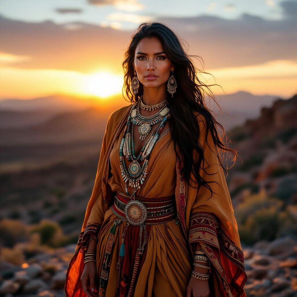 Confident Woman on Windswept Mesa at Sunset
