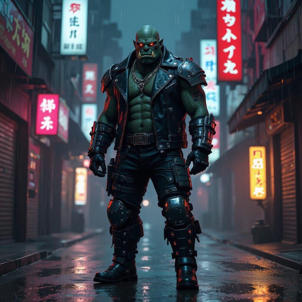 Cyberpunk Space Orc Warlord in Neon Alley