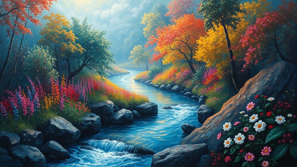 Ethereal River Through Lush Flower Forest Painting