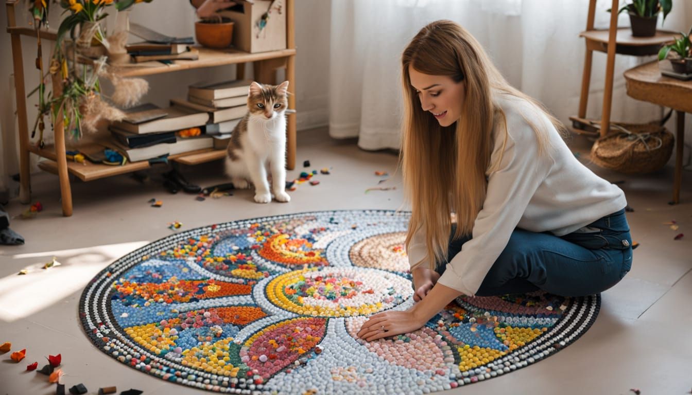 Woman Creating Floor Mosaic With Kitten on Head
