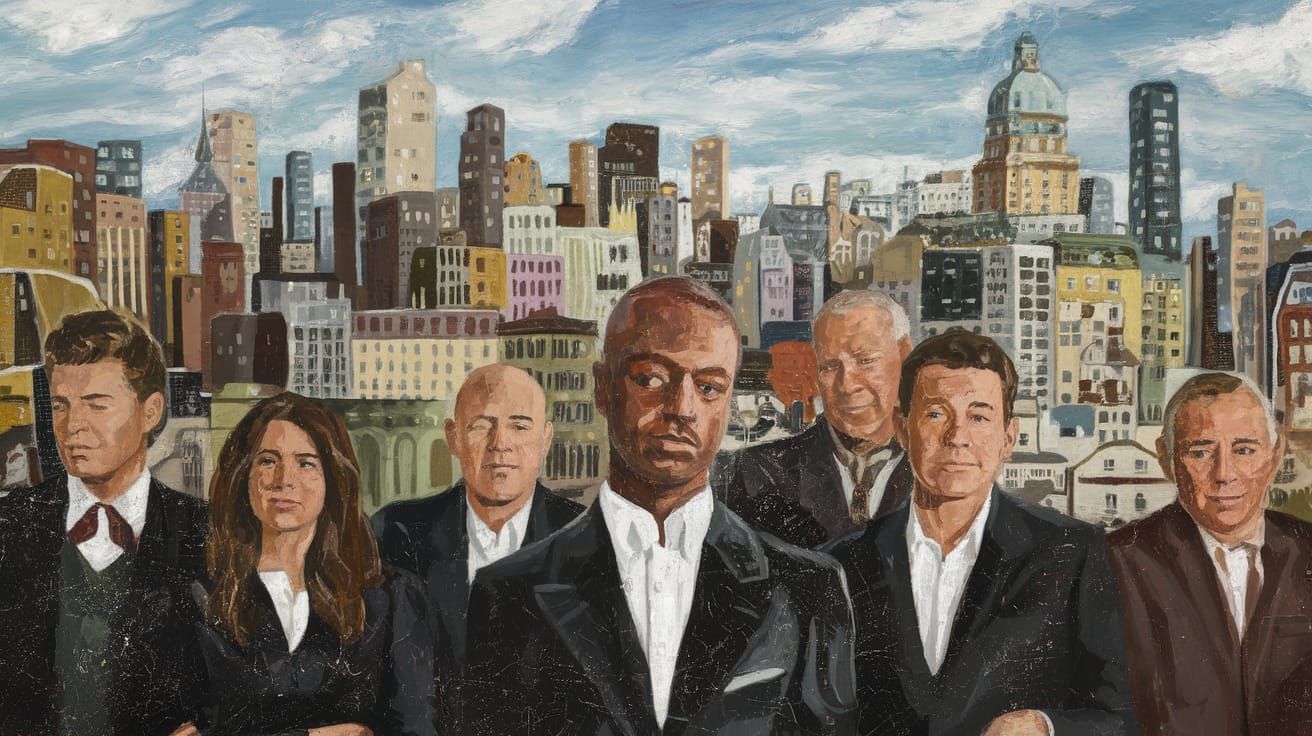 Vibrant Cityscape with Six Musicians in Acrylic Style