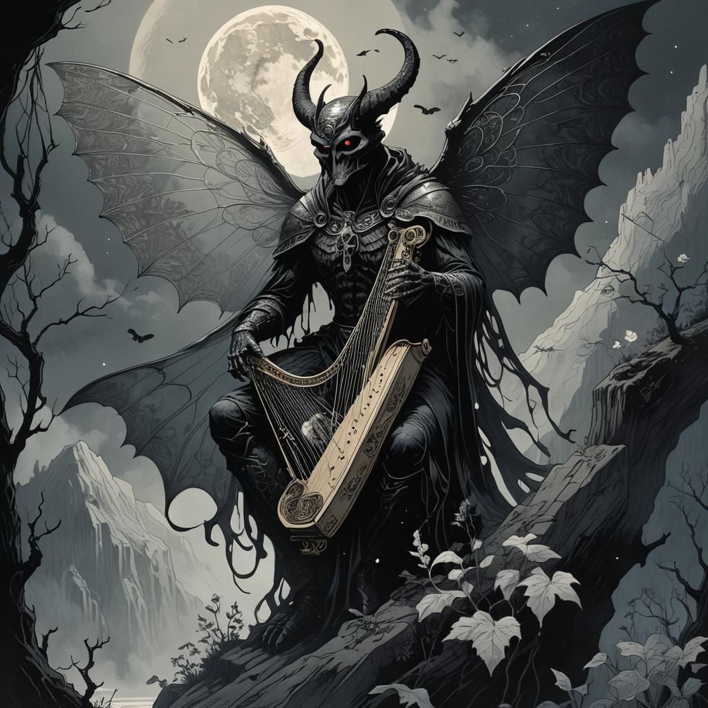 Mothman Plays Harp in Gothic Graphic Novel Style