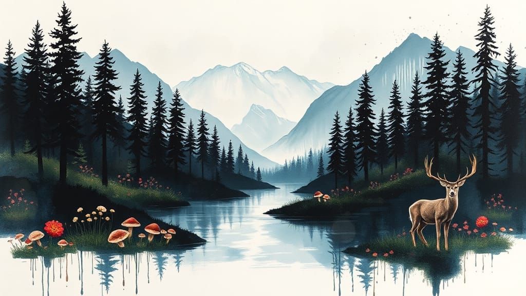 River Landscape in Double Exposure Ink Splatter Art