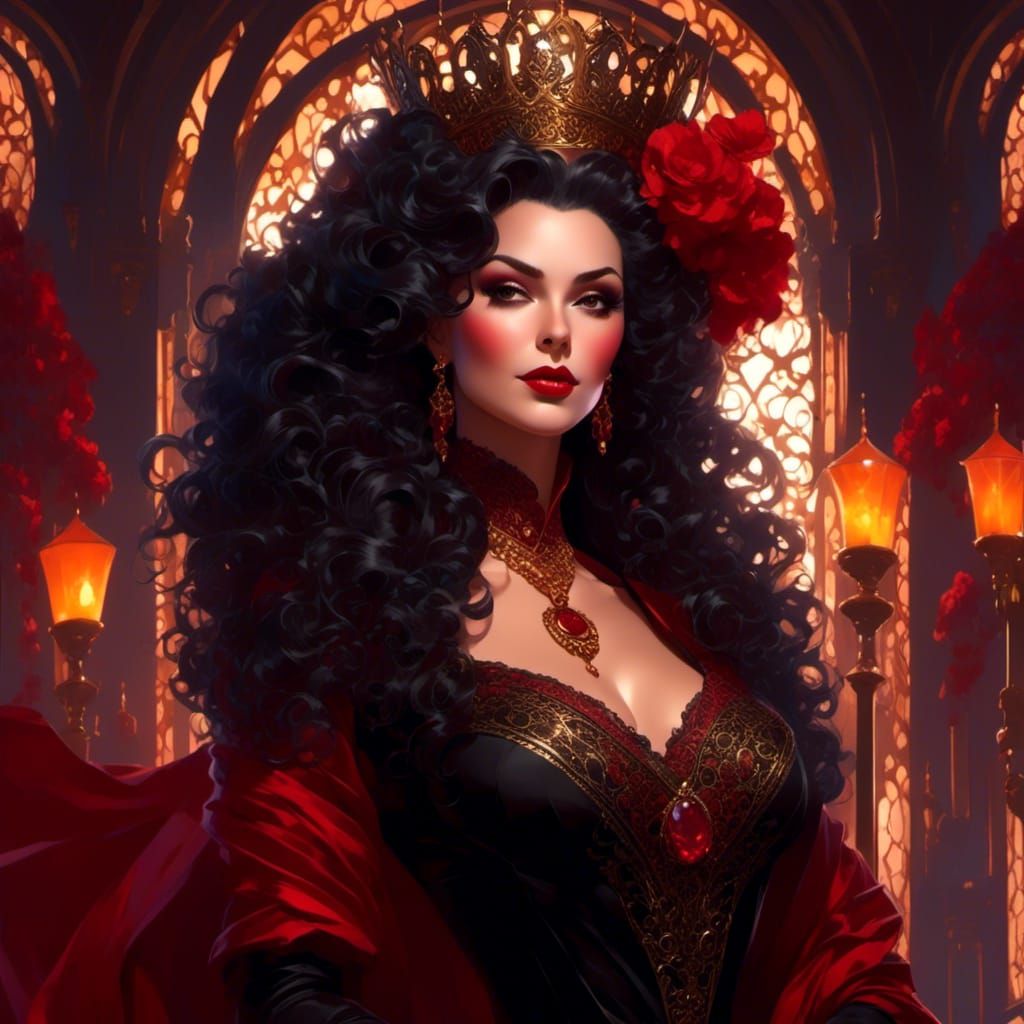 Wicked Queen Portrait in Dark Fantasy Cartoon Style