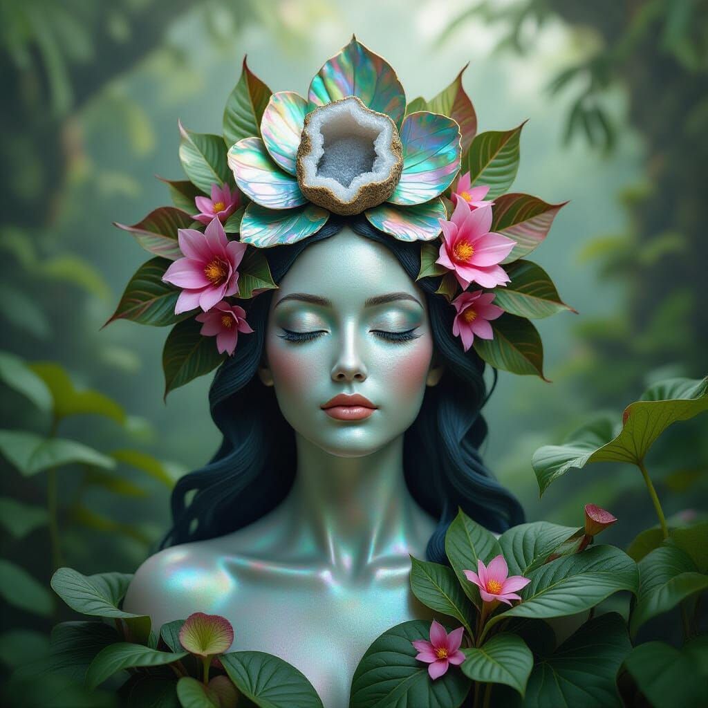 Serene Woman Sculpture in Iridescent Abalone and Lush Botani...