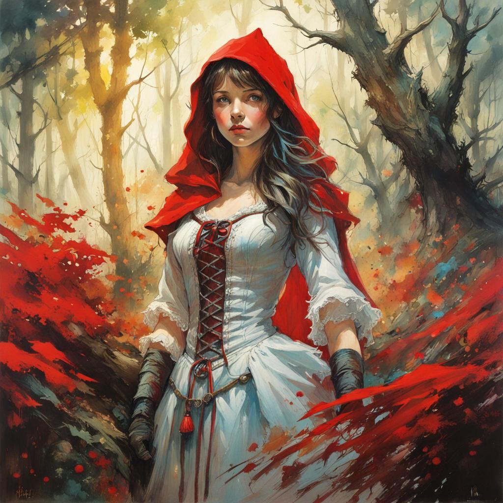 Red Riding Hood in Dark Forest with Space Background