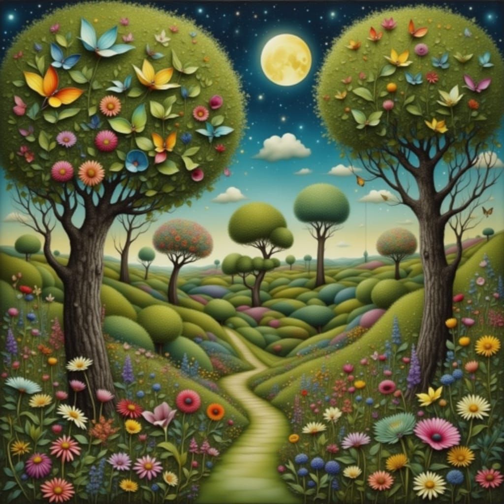 Whimsical Surreal Garden Scene in Pop Art Style