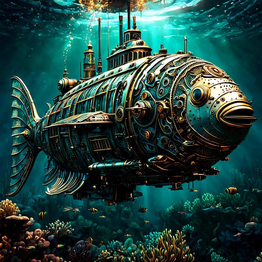Steampunk Fish Submarine in Holographic Astral Exploration