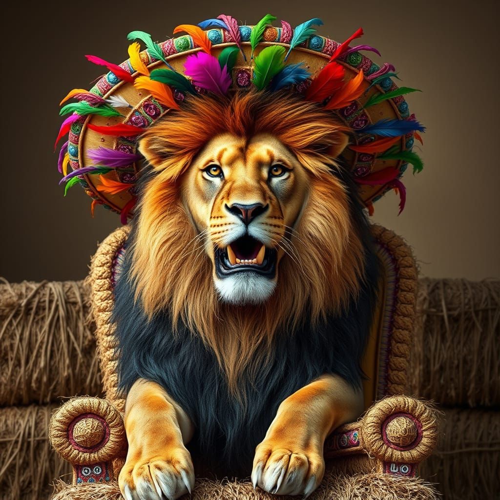 Lion in Sombrero on Hay Bale Throne