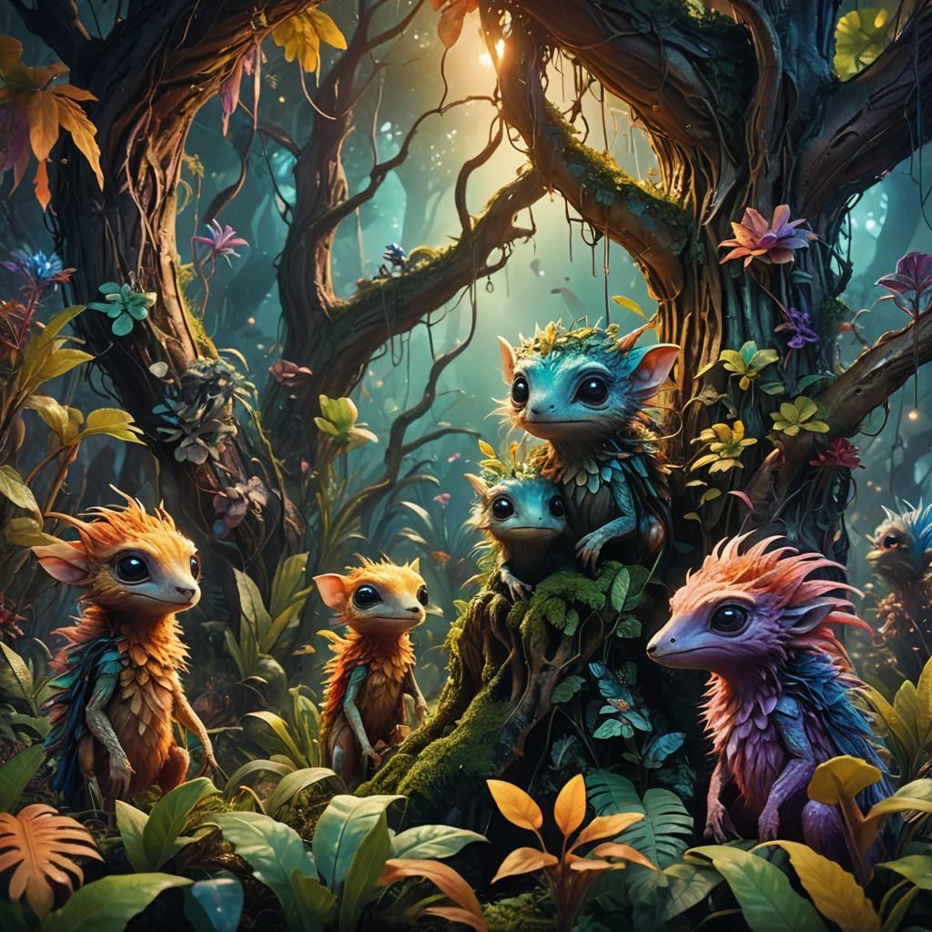 Hidden Creatures Among Alien Plants in Oil Painting Style