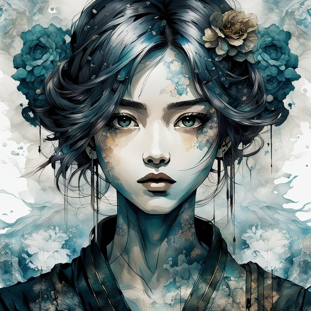 Anime Portrait in Wabi-Sabi and Art Nouveau Style