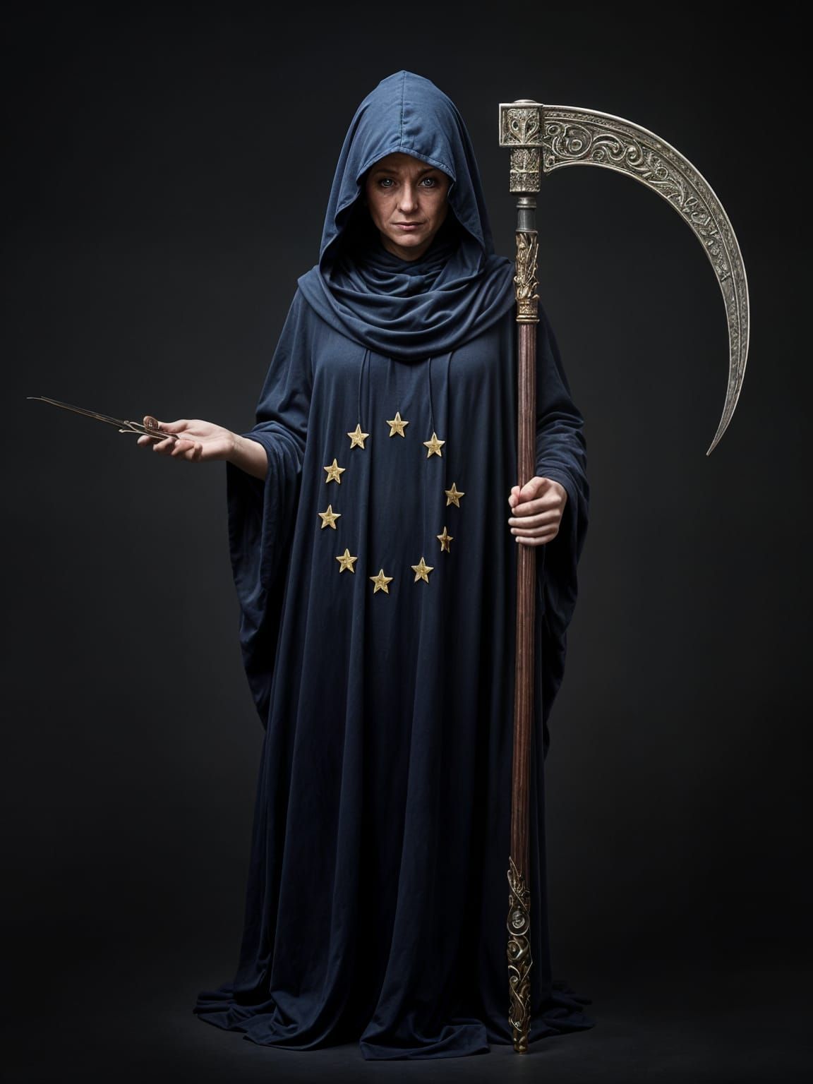 Mysterious Cloaked Figure with EU Symbol and Scythe