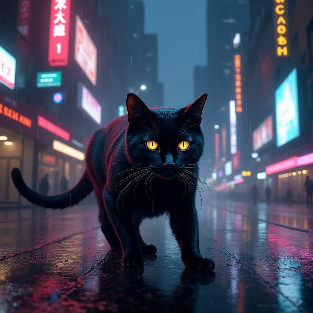 Glossy Black Cat Pads Through Futuristic Metropolis