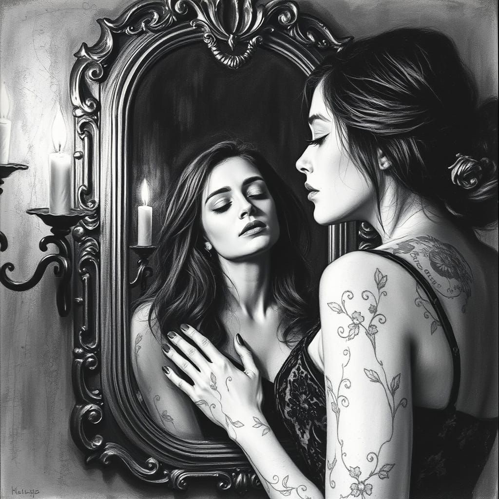 Woman Listening to Whispers in Candlelight Charcoal Drawing