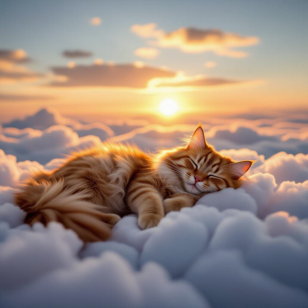 Fluffy Ginger Cat Sleeping on Clouds in Golden Sunset Light