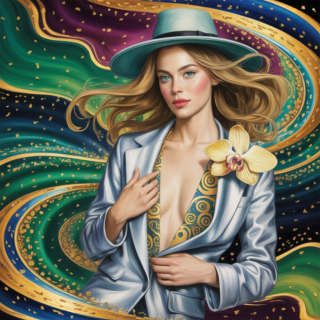 Woman in Cosmic Vortex with Golden Orchid