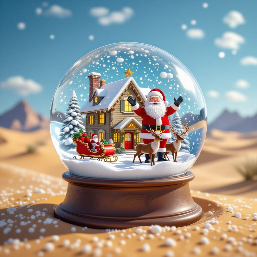 Desert Snow Globe Scene with Santa's Sleigh