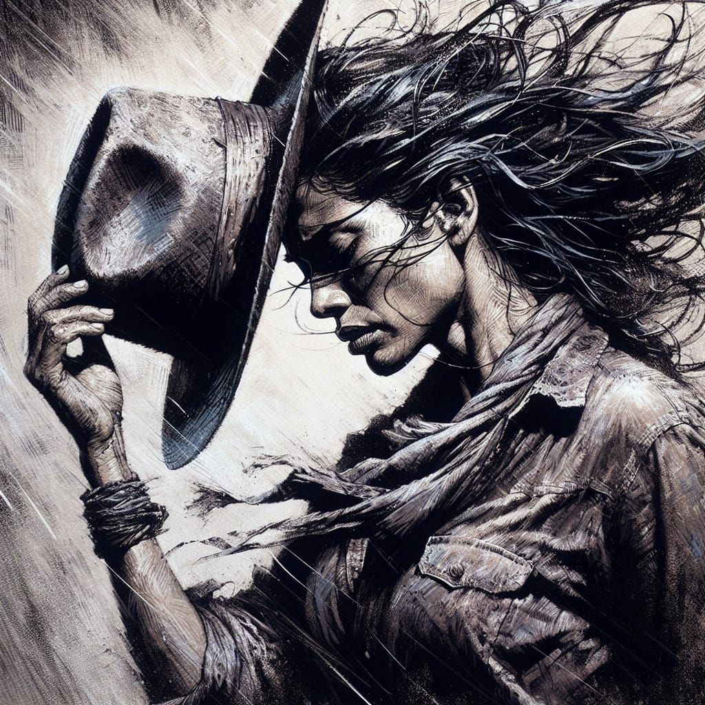 Woman Against Wind: Dramatic Ink and Paint Illustration